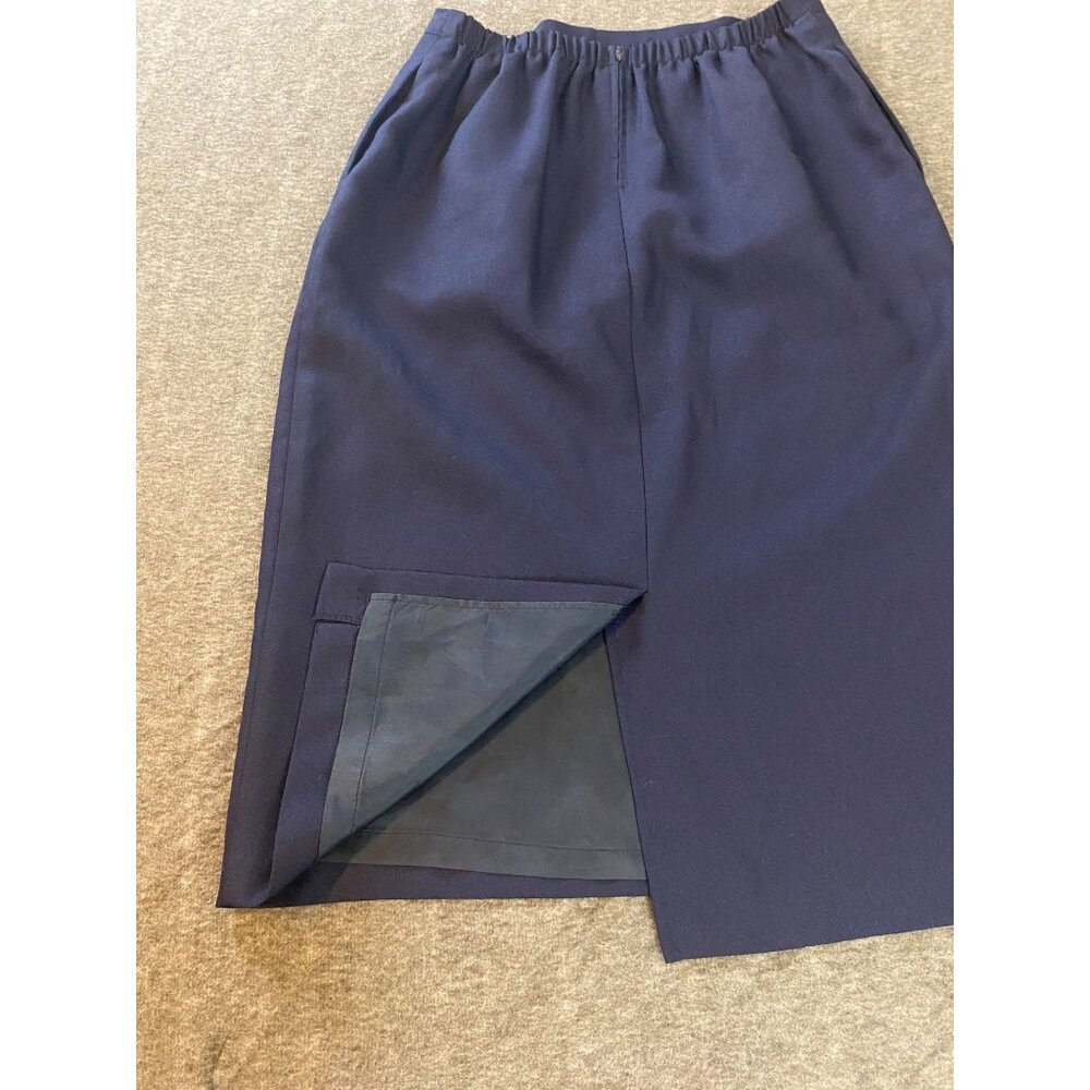 Vintage Navy Pencil Skirt Size 14 Midi Lined Elastic Waist Pockets Womens Zip - Picture 4 of 5